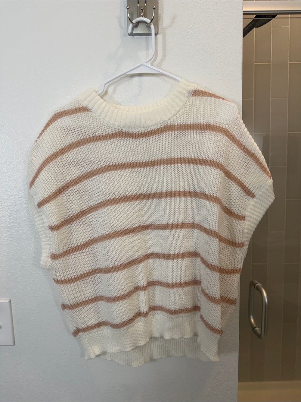 SHEIN Cream Sweater with Tan Stripes - Short Sleeve Crew